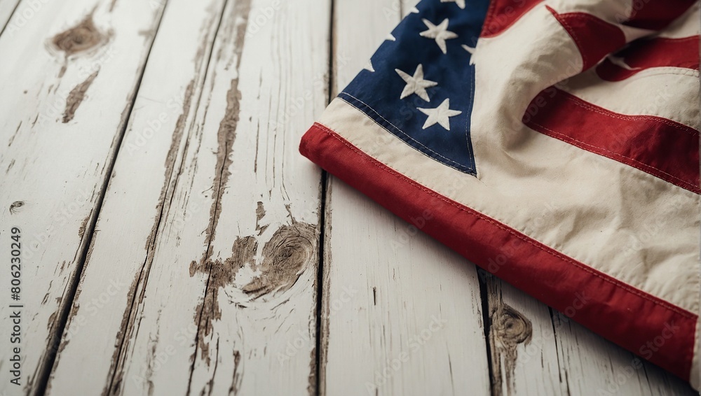Fototapeta premium Happy memorial day concept made from vintage american flag on white wooden background Memorial or Veterans Day, 4th of July, Independence day,