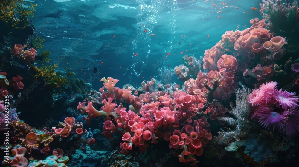 Naklejka premium Vivid depiction of a sea of flowers and living coral submerged under the deep