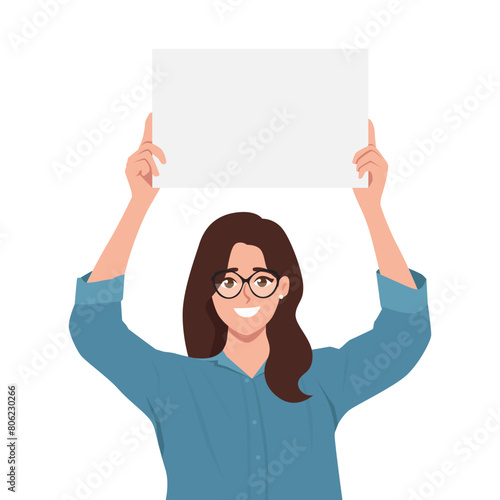 Woman holding empty blank white sign above her head. Flat vector illustration isolated on white background