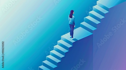 Career ladder of a business woman standing on the first step ladder. Taking on new career challenges for women gender equality. Businesswoman ready to go up the stairs. isometric vector illustration