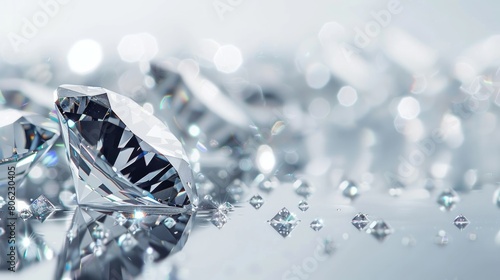 Panoramic still image of sparkling, expensively cut diamonds displayed prominently against a clean white background.

