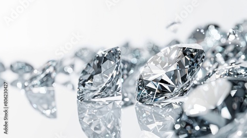 Panoramic still image of sparkling, expensively cut diamonds displayed prominently against a clean white background.