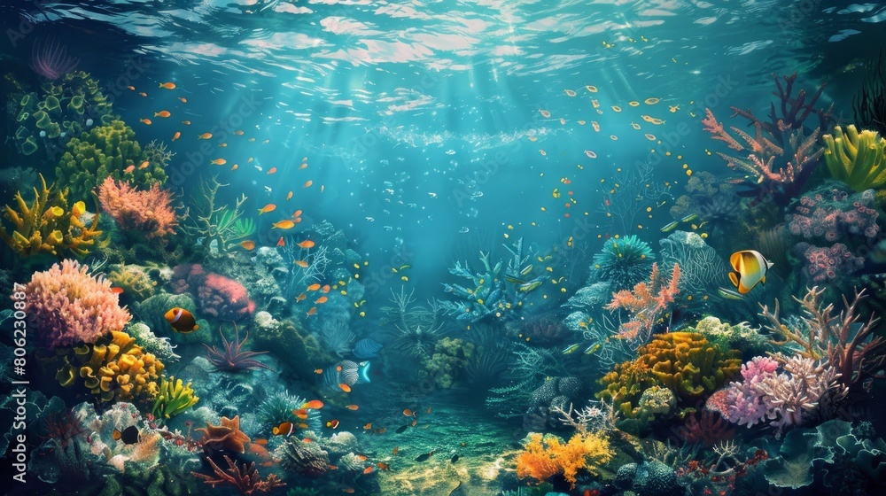 Naklejka premium Vibrant underwater background showing a colorful coral reef teeming with marine life.