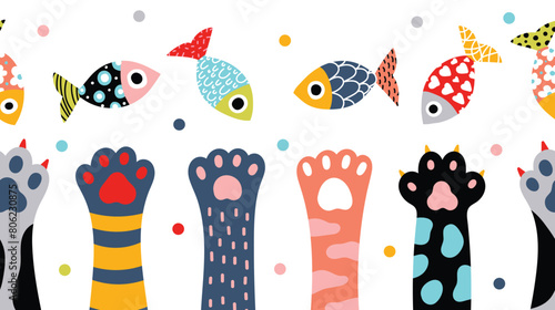 Seamless bordercolored cat paws and fish.Vector illustration.  © vyazovskaya