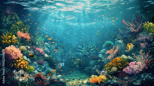 Vibrant underwater background showing a colorful coral reef teeming with marine life.
