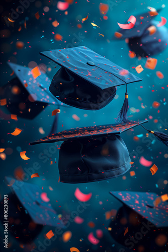 Flying graduation caps and confetti, graduation vertical banner,  illustration