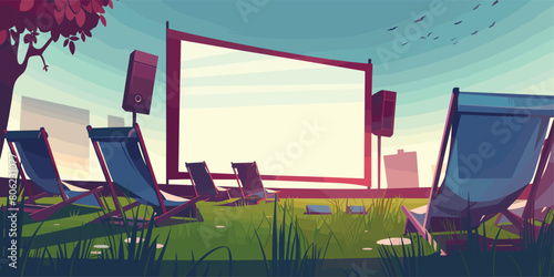 Summer Sunset Cinema: Cartoon Vector Illustration of Open Air Movie Theater