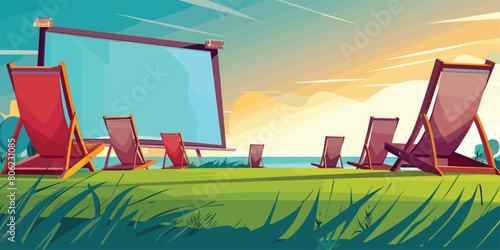 Summer Sunset Cinema: Cartoon Vector Illustration of Open Air Movie Theater