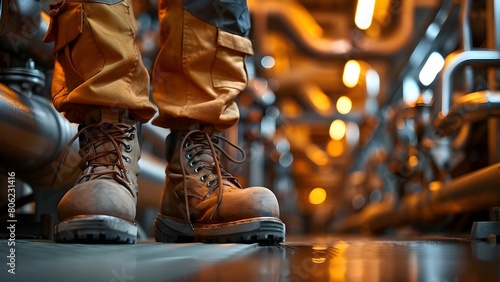 Worker in safety shoes standing in factory ready for work. Concept Factory worker, Safety shoes, Work ready, Industrial setting, Occupational safety