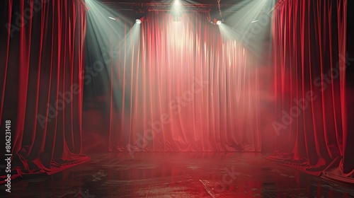 Illustrating an empty scene with a red curtain and spotlights, evoking the atmosphere of a concert, show, or performance, depicted in a vector illustration.