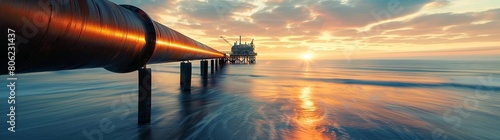 Sunset Over Ocean Pipeline to Oil Rig photo
