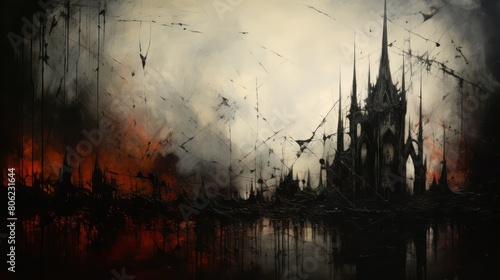 Abstract surreal gothic background with castle, sharp lines and black water, landscape. photo