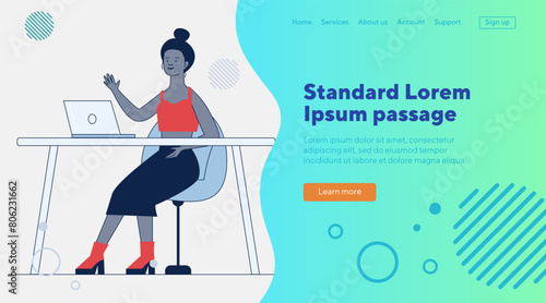 Blogger waving hello at monitor. Woman using laptop for video call flat vector illustration. Communication, blog concept for banner, website design or landing web page