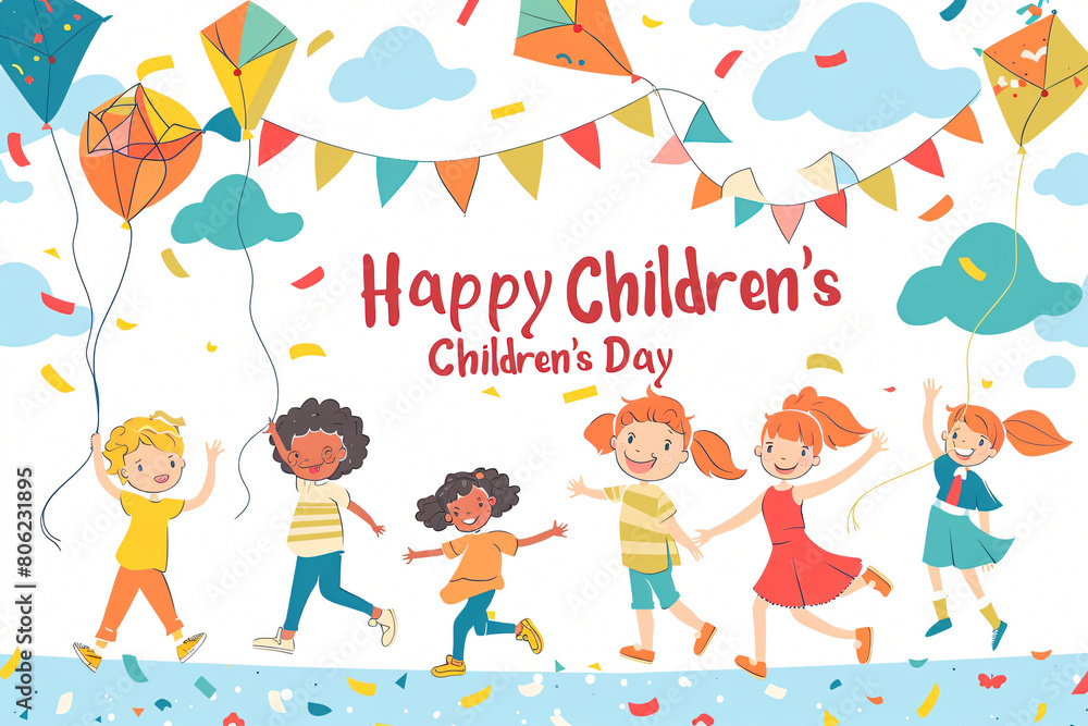 Naklejka premium Illustration Featuring Happy Children Enjoying Fun and Togetherness, Promoting Education and Friendship in a Colourful and Joyful Event. Global Celebration of Children's Day.