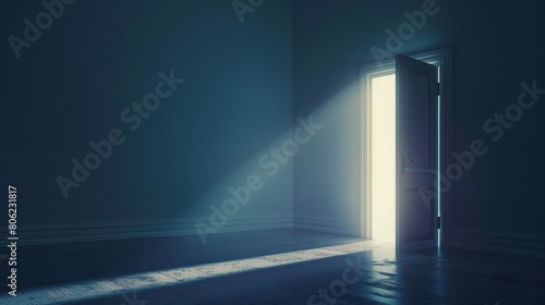 In a dark room  light streams in through an open door symbolizing new possibilities  hope  and overcoming problems.