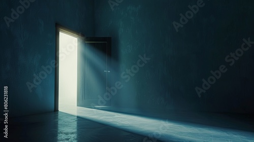 In a dark room  light streams in through an open door symbolizing new possibilities  hope  and overcoming problems.