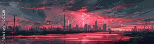 Dramatic digital artwork of a city under siege by a violent storm, depicted with swirling crimson skies and fierce lightning strikes.