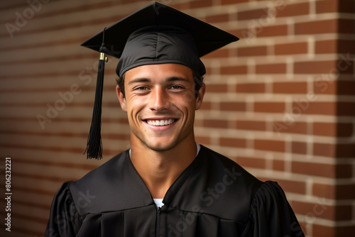 Portrait of a smiling young man in graduation gown and mortarboard