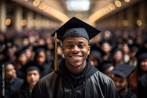 Young male graduate smiling in front of a group of graduates on graduation day