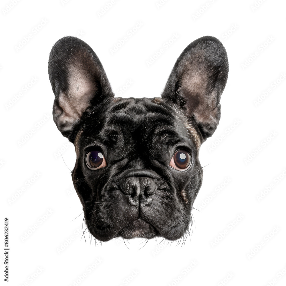 A black French Bulldog with big round eyes is looking at the camera with a curious expression