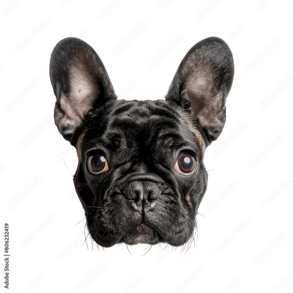 A black French Bulldog with big round eyes is looking at the camera with a curious expression A black French Bulldog with big round eyes is looking at the camera with a curious expression