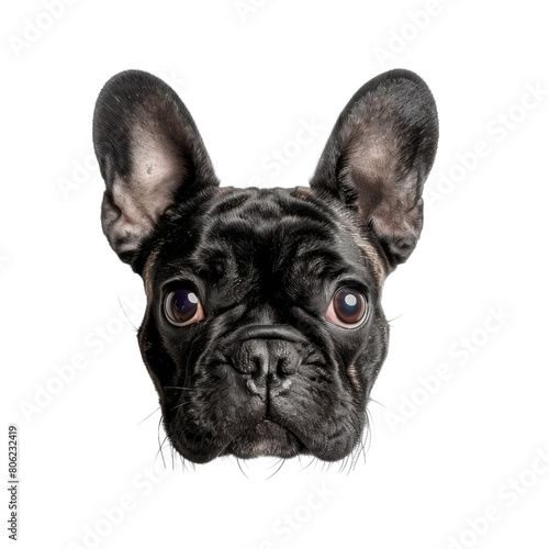 A black French Bulldog with big round eyes is looking at the camera with a curious expression © Sawitree