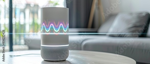 Detailed view of a digital assistant device responding to voice commands, smart home tech photo