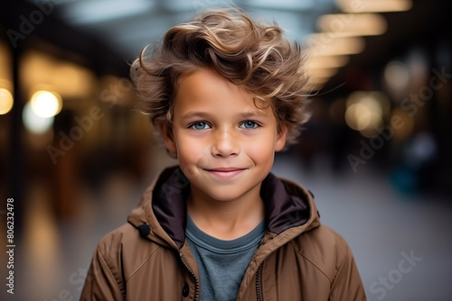 Portrait of a cute little boy with glasses on the background of a Christmas market