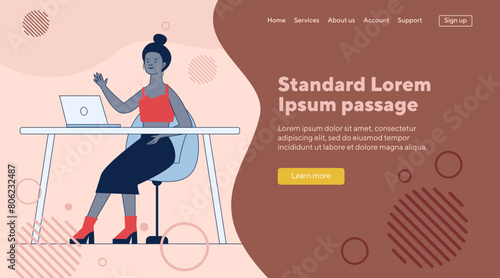 Female blogger waving hello at monitor. Woman using laptop for video call flat vector illustration. Communication, blog concept for banner, website design or landing web page