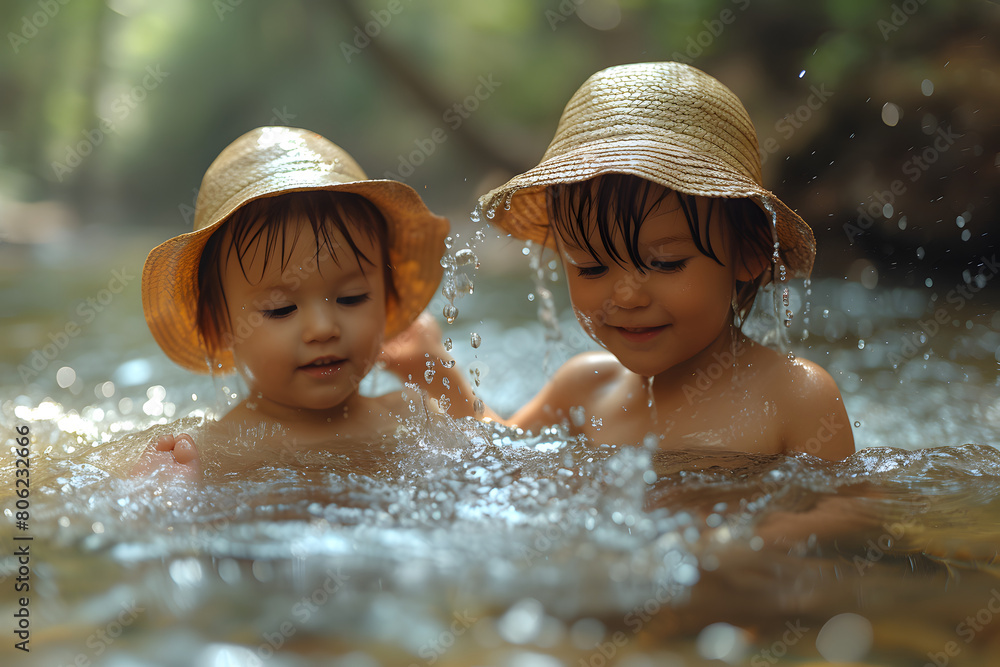 Twin toddlers in straw hats playing joyfully in a forest stream. Outdoor natural light photography. Childhood exploration and summer fun concept for design and postcard Twin toddlers in straw hats playing joyfully in a forest stream. Outdoor natural light photography. Childhood exploration and summer fun concept for design and postcard