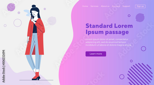 Female smoker lighting cigarette. Smoking young woman flat vector illustration. Addiction, problem, unhealthy lifestyle concept for banner, website design or landing web page