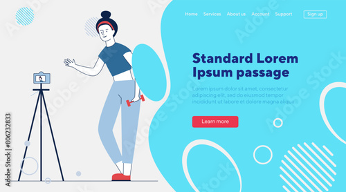 Fitness blogger posing for camera. Woman with dumbbells recording video of herself flat vector illustration. Internet, fitness, blog concept for banner, website design or landing web page