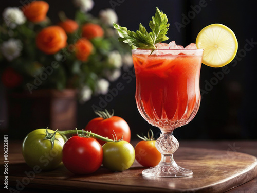 Bloody Mary alcoholic cocktail, celery branch and cherry tomatoes on dark background