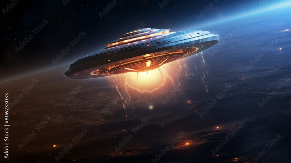 Flying saucer in space above the planet Flying saucer in space above the planet