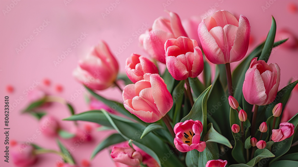 The symbol of Happy Mother Day with pink tulip flower on pink background. Generative AI Illustrations. The symbol of Happy Mother Day with pink tulip flower on pink background. Generative AI Illustrations.