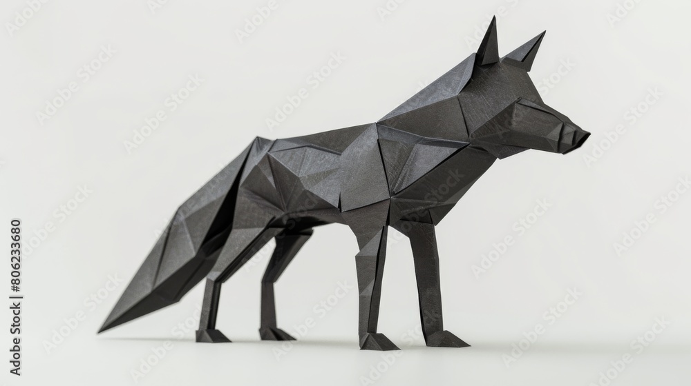 Origami black wolf. Animal made of paper on a white background. Paper folding art. Origami black wolf. Animal made of paper on a white background. Paper folding art.