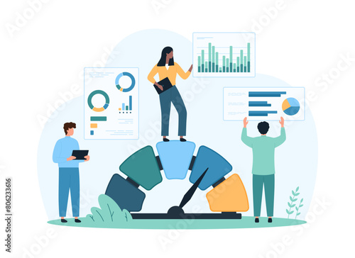 Strategic analysis of business product in benchmark performance. Tiny people compare metrics report and test charts information on dashboard with evaluation tools cartoon vector illustration