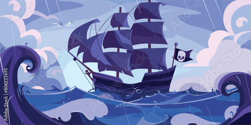 Legendary Pirate Ship: Cartoon Vector Illustration of Filibusters Battleship