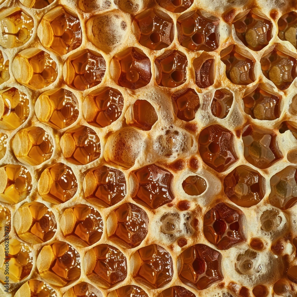 Real Honeycombs with sweet golden honey , close up.