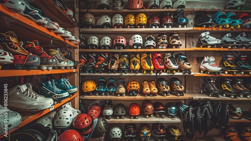 Rows of roller skates helmets and shoes