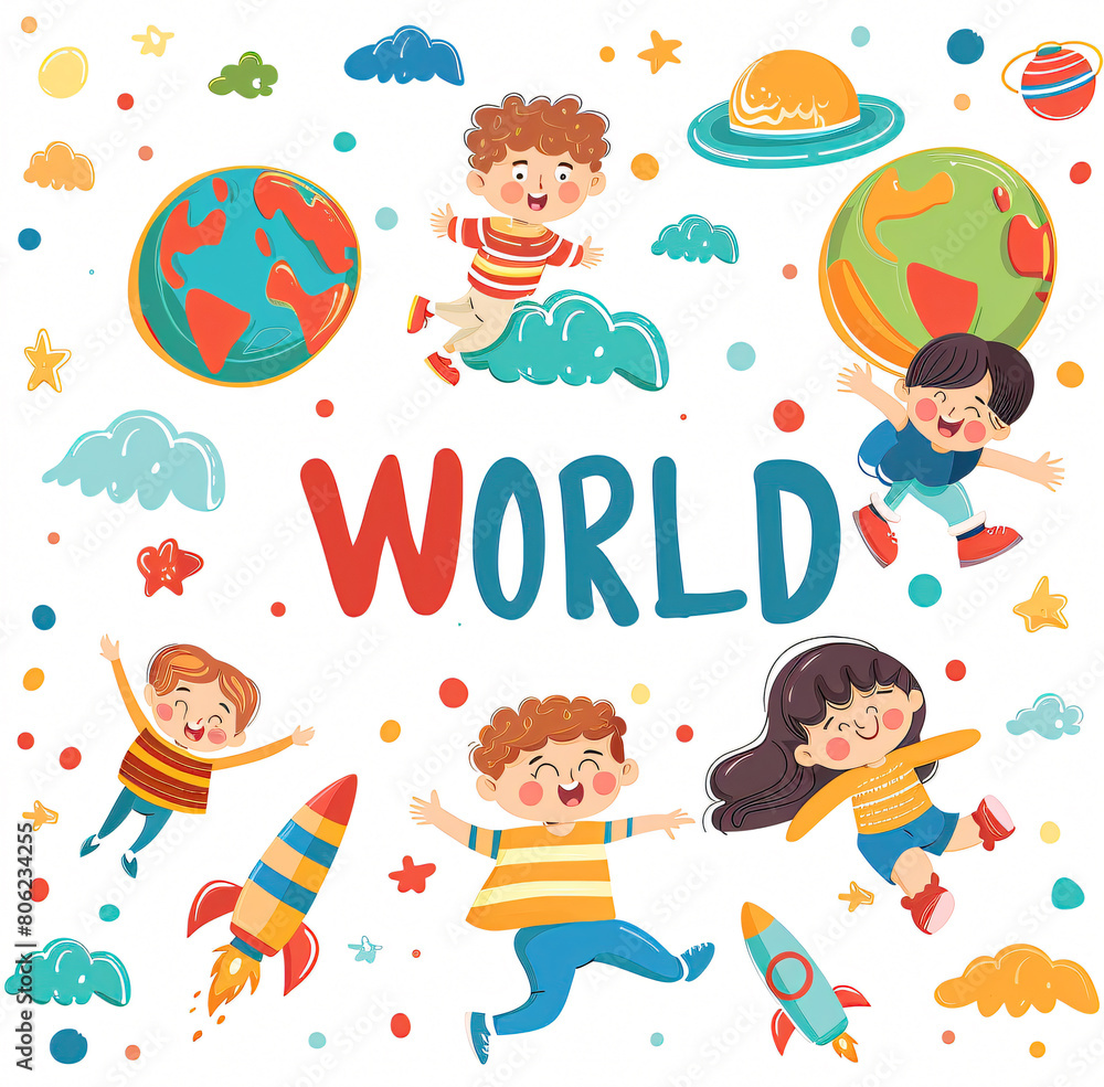  Illustration Featuring Happy Children Enjoying Fun and Togetherness, Promoting Education and Friendship in a Colourful and Joyful Event. Global Celebration of Children's Day.