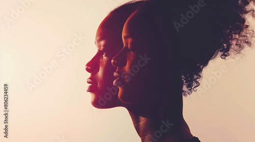 Woman face silhouette in profile with a group of African and African American women faces inside.Concept of racial equality antiracism and a woman who gives a voice to other women.Allyship