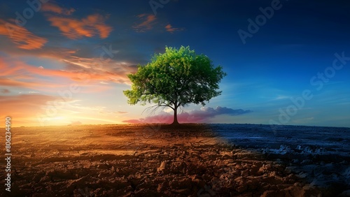 Half barren land half lush nature with a unique tree in between. Concept Landscapes, Contrast, Nature, Tree, Serene View photo