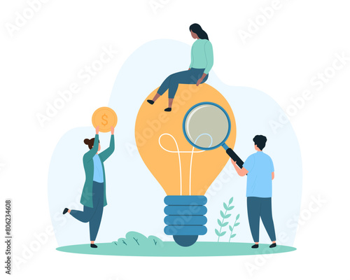 Creative science idea search and discovery, data management. Tiny people look through magnifying glass at big glowing light bulb, research information with inspiration cartoon vector illustration