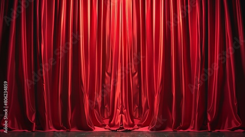 Symbolizing the anticipation of a theater show, illustrating the red curtains opening to reveal the stage, depicted in a vector illustration. photo