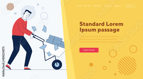 Sad employee wheeling cart with papers. Office worker with piles of reports flat vector illustration. Paperwork, overwork concept for banner, website design or landing web page