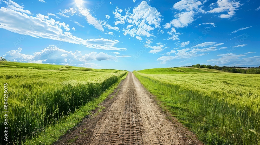 Fototapeta premium Tranquil Gravel Walkway Next to Wheat Stalks Under a Vast Blue Sky