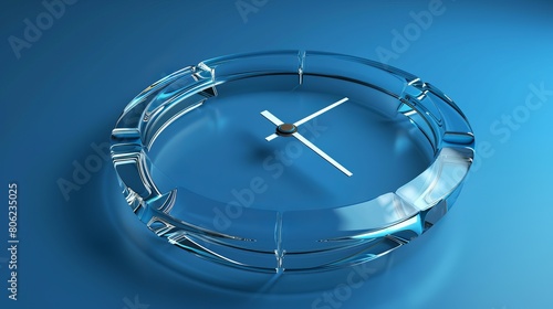 Visualizing a 3D blue circle clock crafted from clear glass, isolated against a blue background, symbolizing the passage and reversal of time. photo