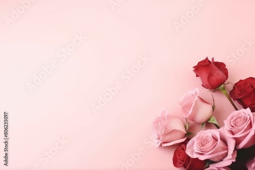 Fototapeta Naklejka Na Ścianę i Meble -  A creative and romantic floral border of red and pink roses on a delicate pastel pink backdrop, perfect for festive designs or messages. Red and Pink Roses Border on Pastel Background