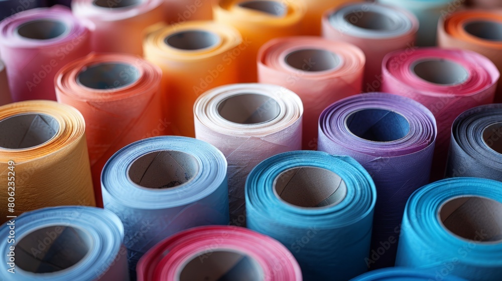 A set of 20 rolls of transparent vinyl paper in pastel tones, each of which has different colors and sizes. A set of 20 rolls of transparent vinyl paper in pastel tones, each of which has different colors and sizes.